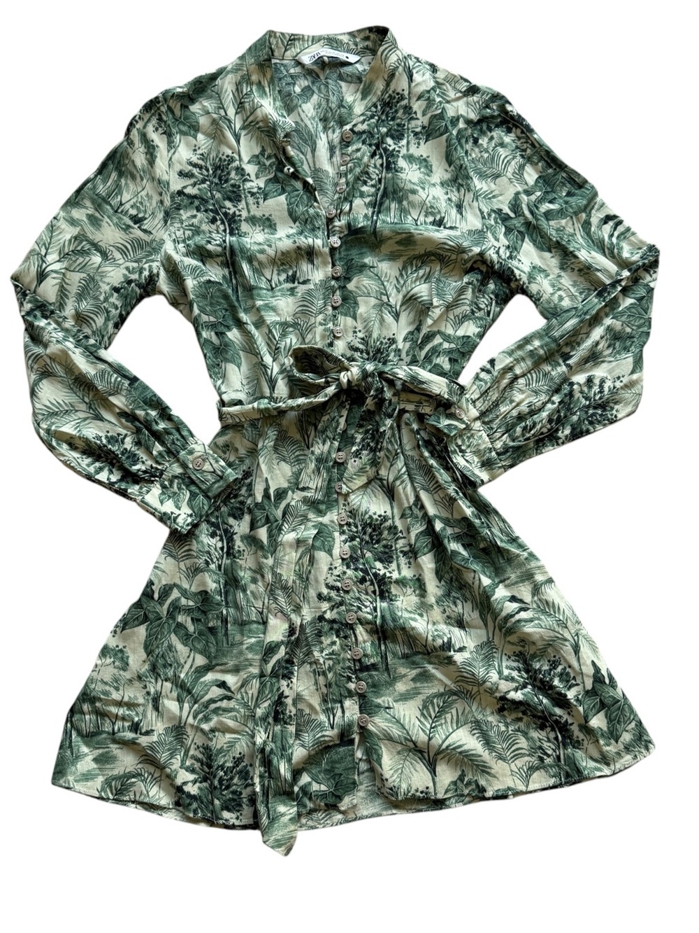 Zara M Green Toile Botanical Forest Print Belted Shirt Dress Cottagecore Knee